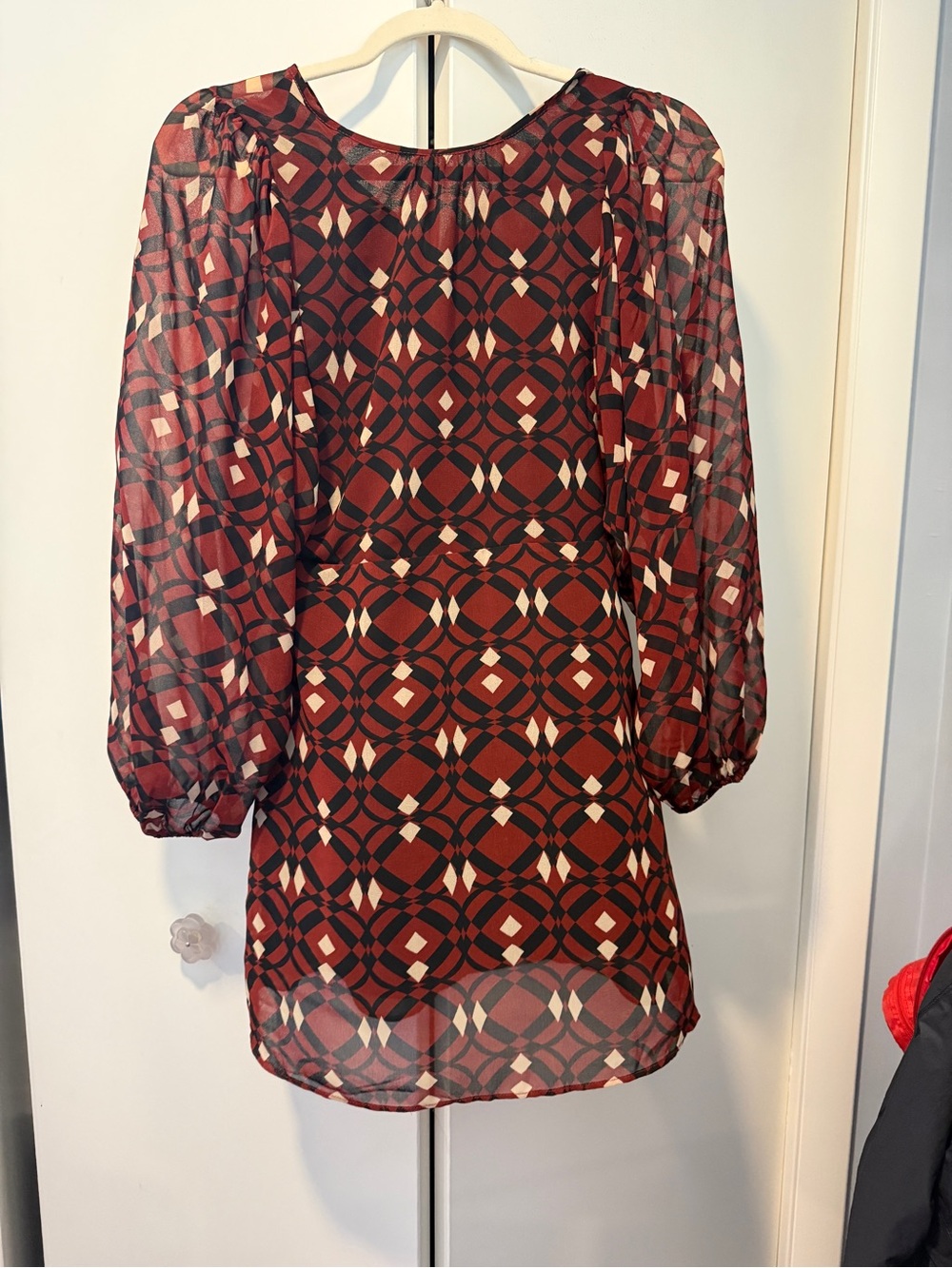 Zara Burgundy and Cream Geometric-Print Mini Dress